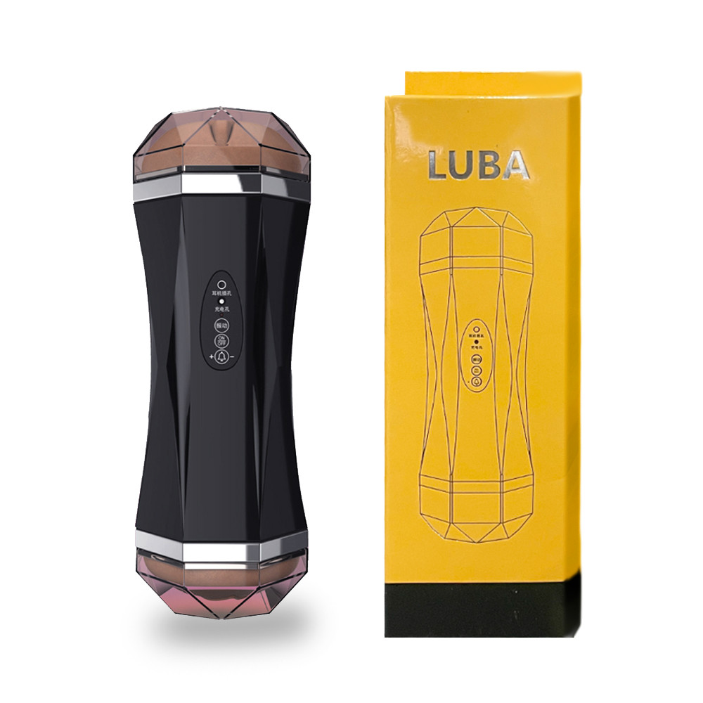 Мастурбатор JIUAI LUBA 2-in-1 с вибрацией, двумя внутренними каналами и USB-зарядкой в чёрном корпусе.