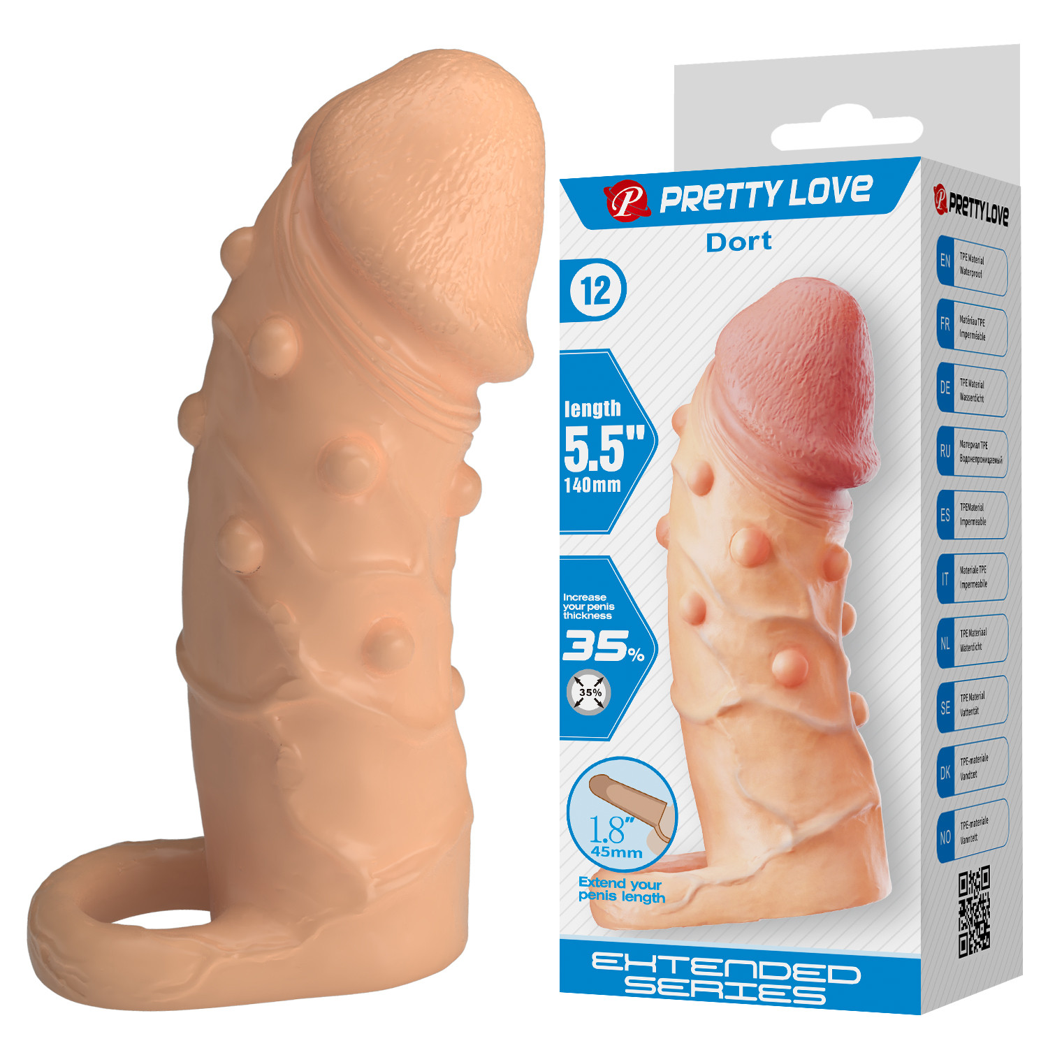 Увеличивающая насадка на пенис PRETTY LOVE Dort BI-026297 из мягкого TPE с рельефной поверхностью и фиксирующим кольцом.