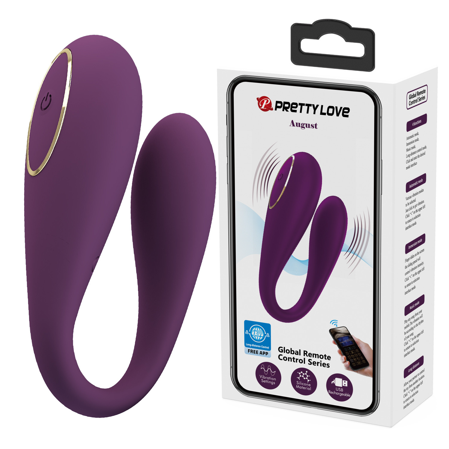 PRETTY LOVE August — фиолетовый вибратор для двоих с управлением через смартфон и 12 режимами вибрации.
