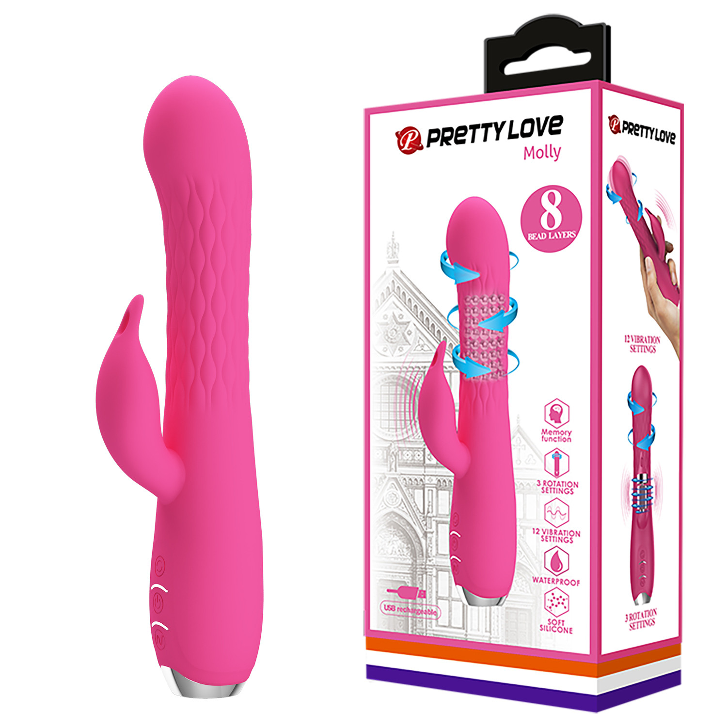 Вибратор PRETTY LOVE Molly BI-014692-1 с ротацией, массажными шариками и клиторальным стимулятором из силикона.